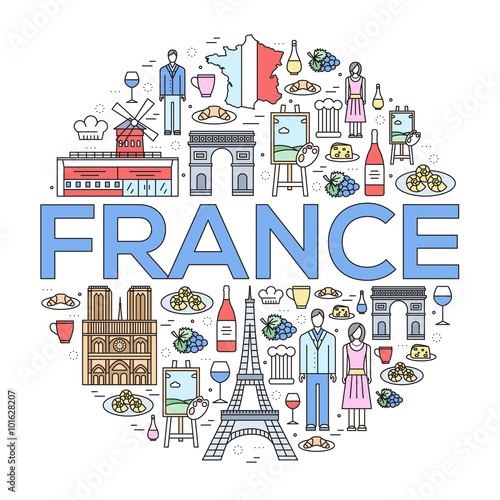 Fototapeta Naklejka Na Ścianę i Meble -  Country France trip guide of goods, places in thin lines style design. Set of architecture, fashion, people, nature background concept. Infographic template design for web and mobile on vector flat 