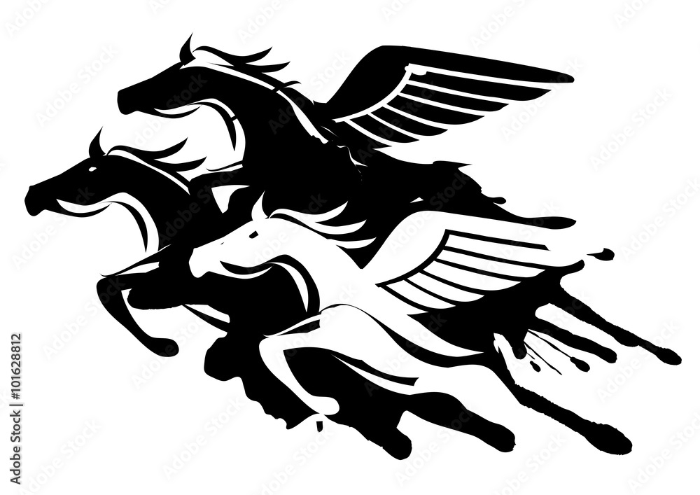 Fototapeta premium Three winged horses. Three winged horses at Full Speed. Illustration on white background. Vector available.