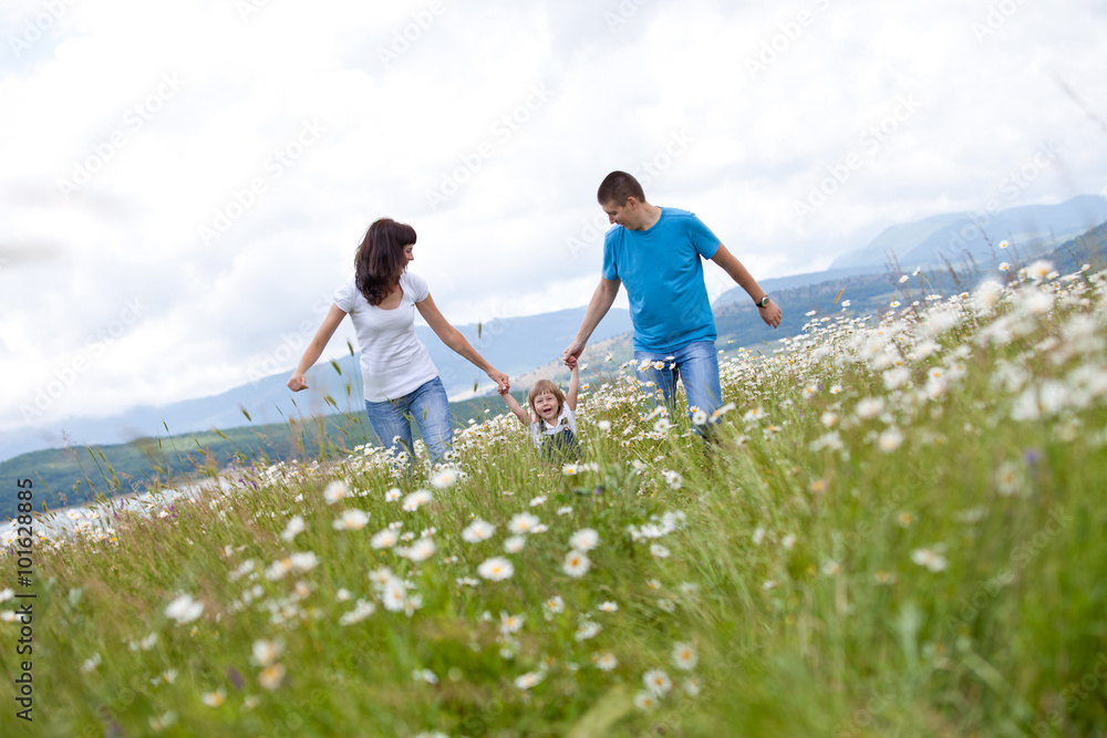 Fototapeta premium Happy family in a camomile field 