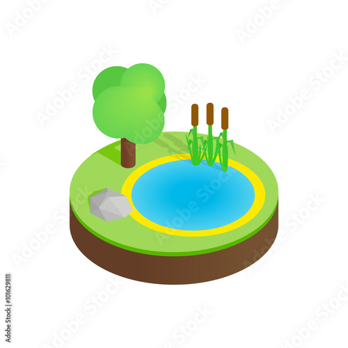 Pond in a summer forest isometric 3d icon 
