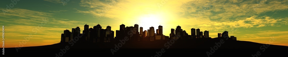 Panorama City sunset light over the city skyline, urban sunrise