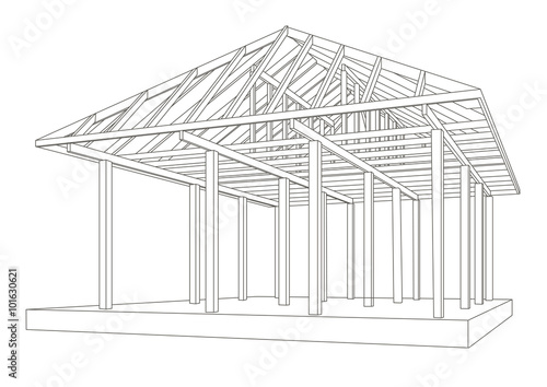 Linear architectural sketch wood frame perspective