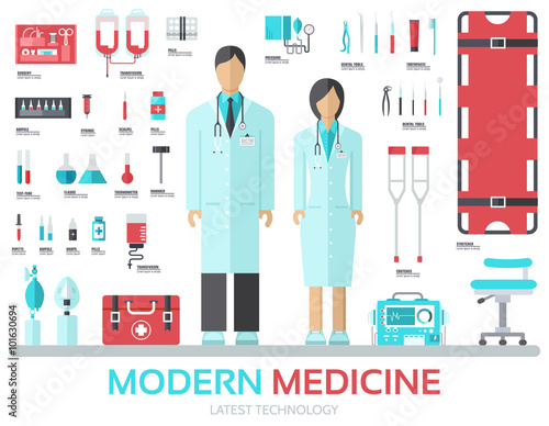 Modern medical equipment in flat design background concept. Infographic elements set with doctor and nurse around medicine tools. Icons for your product or illustration, web and mobile applications.