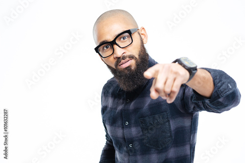 Afro american man pointing finger at camera