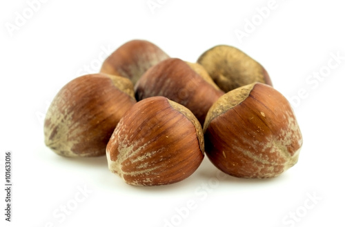 Delicious nutritious hazelnuts on white background