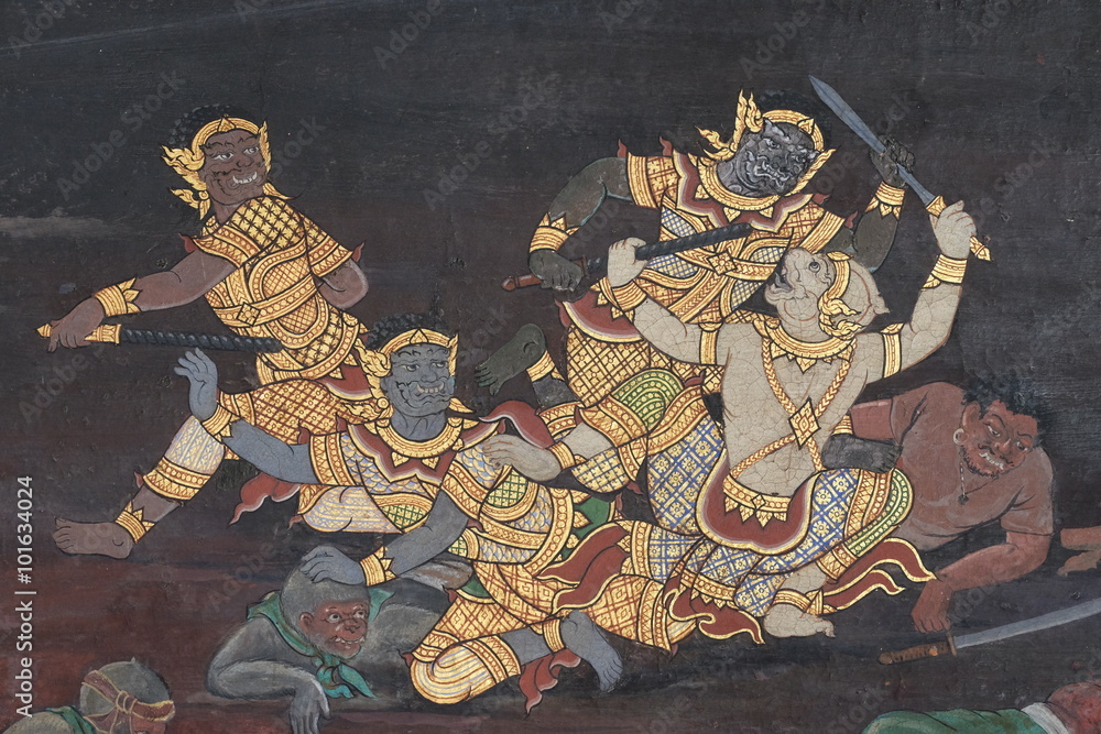 Fotografie the Ramayana painting on the wall in public temple in thailand
