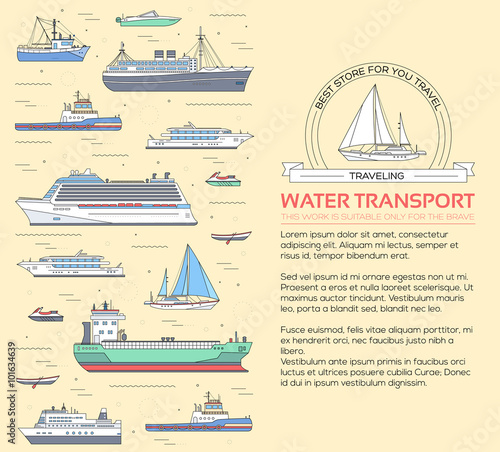 Set of flat yacht, scooter, boat, cargo ship, steamship, ferry, fishing boat, tug, bulk carrier, vessel, pleasure boat, cruise ship with blue sea background concept. Vector design thin line icons 