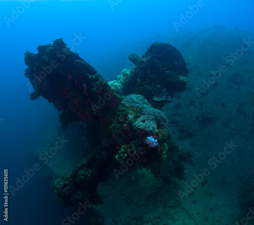 Stoped forewer. Huge propeller of the shipwreck in Micronesia become home for many fishes and corals