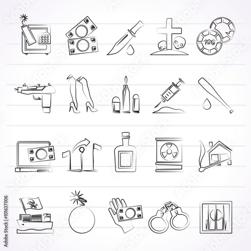 Mafia, Gangster and organized criminality activity icons - vector icon set