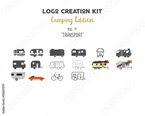 Logo creation kit bundle. Camping Edition set. Transport for travel vector shapes and elements - rv. trailer. Create your own outdoor label, wilderness retro patch, adventure badges, hiking stamps.