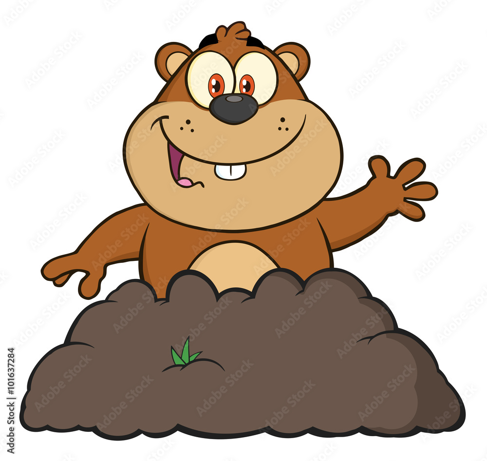Fototapeta premium Happy Marmot Cartoon Character Waving In Groundhog Day