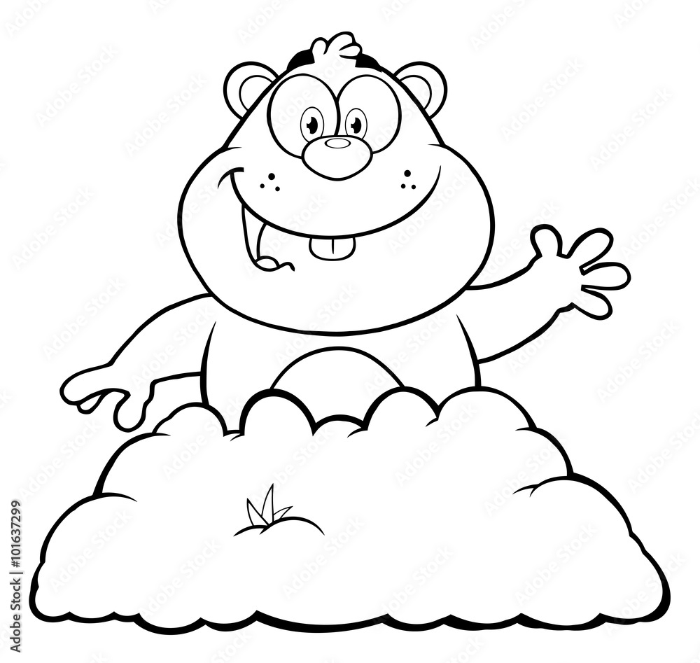 Black And White Happy Marmot Cartoon Character Waving In Groundhog Day Black And White Happy Marmot Cartoon Character Waving In Groundhog Day