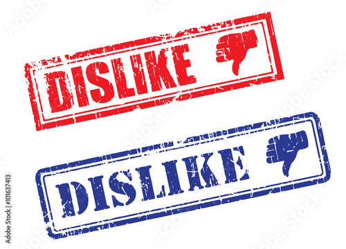 Set of DISLIKE with a THUMBS DOWN icon, grunge realistic rubber stamps, different ink colors, different forms, isolated on white background, vector illustration
