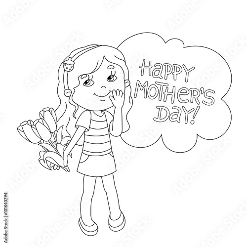 Coloring page outline of girl with flowers. Mother's Day.