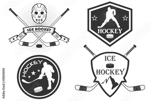 Hockey logo. a set of sports logos with hockey. vector. command stripe. stick, hockey player, puck, skates. mountains. ice hockey