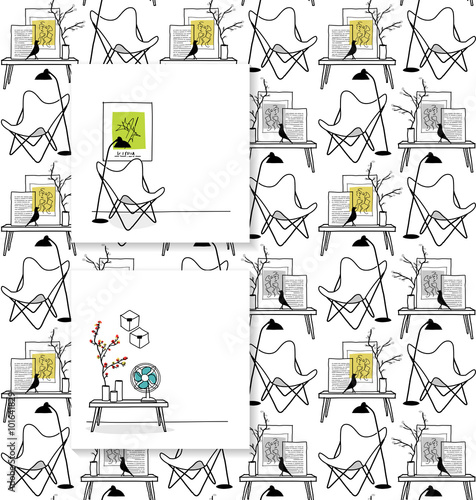 Butterfly chair, hand drawn cards and seamless vector pattern. Two line-art cards with copy space. Hand drawn design icon vignettes. Sketches vintage and contemporary furniture and group of objects.