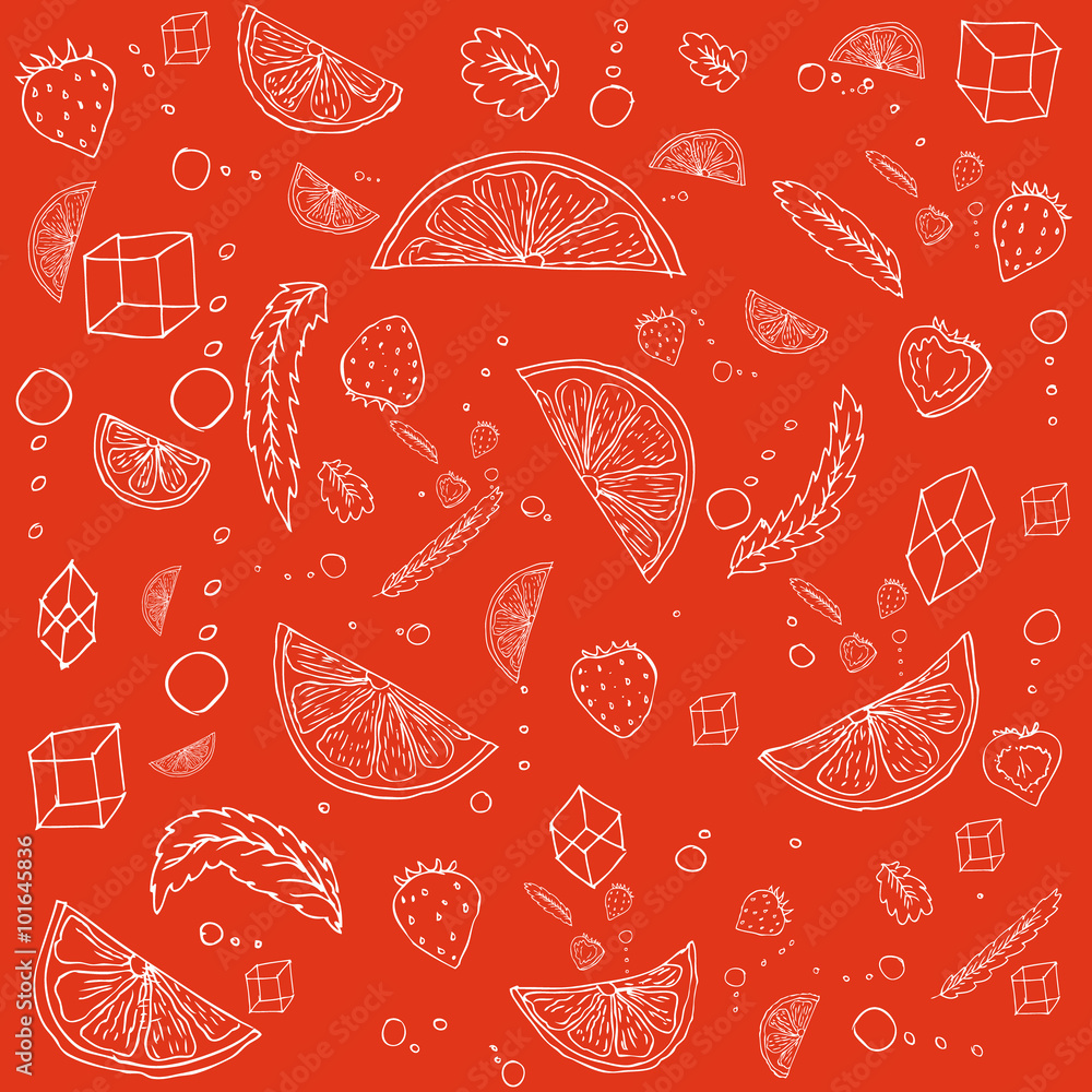 Vector monochrome set of some ingredients for mojito isolated on red. Design element. Postcard, wallpaper and other printed production. Decoration of rooms and special places. Vector monochrome set of some ingredients for mojito isolated on red. Design element. Postcard, wallpaper and other printed production. Decoration of rooms and special places.