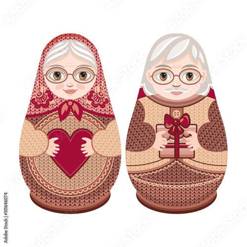 Matryoshka. Russian folk nesting doll. Babushka doll. Family. Grandma and grandpa. Vector illustration on white background