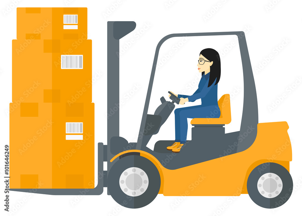 Worker moving load by forklift truck.