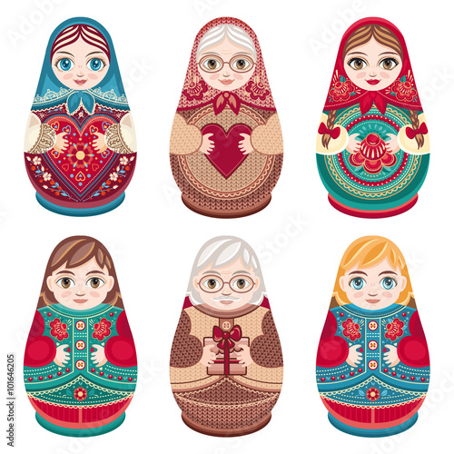 Matryoshka. Russian folk nesting doll. Babushka doll. Set. Vector illustration on white background