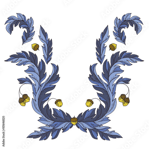 Victorian style vector design with oak leaves and acorns. Decorative baroque ornamental illustration