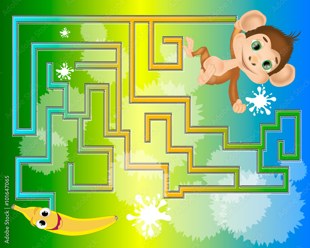 Fotografie maze for kids with a monkey and a banana