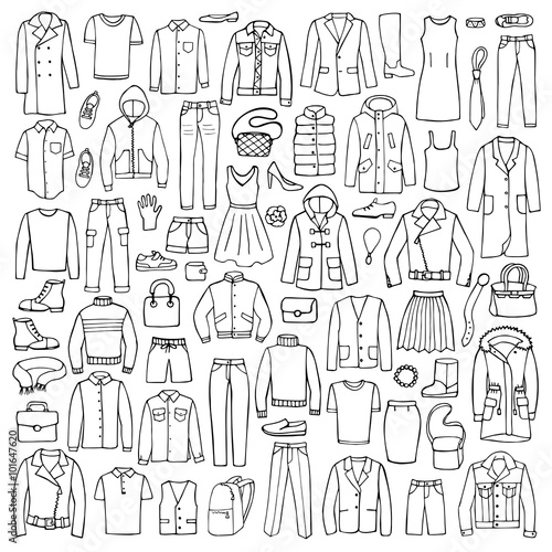 Hand drawn doodle set with man and woman clothes