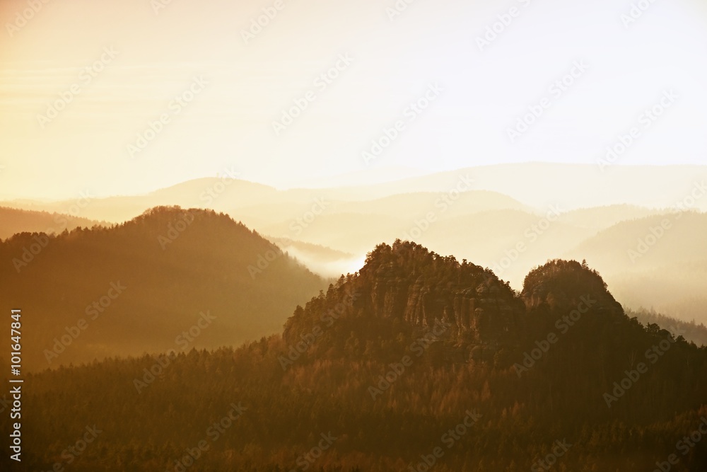 Sunrise in a beautiful mountain of Czech-Saxony Switzerland. Sandstone peaks increased from foggy background