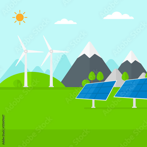 Background of solar panels and wind turbines in mountains.