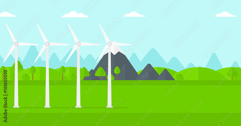 Background of wind turbines in mountains.