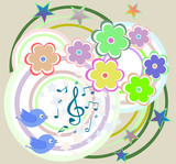 vector birds in love, singing on abstract floral background