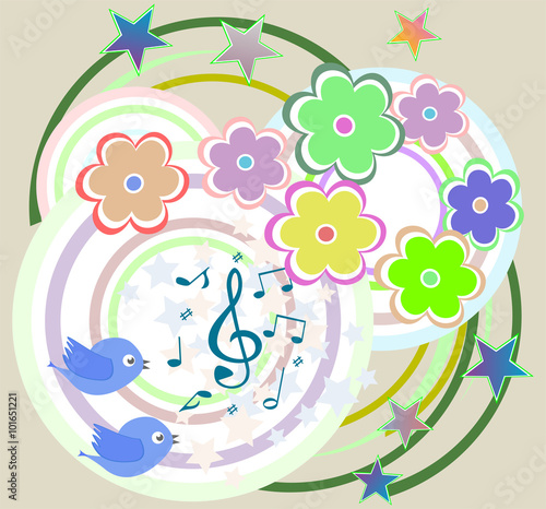 vector birds in love  singing on abstract floral background