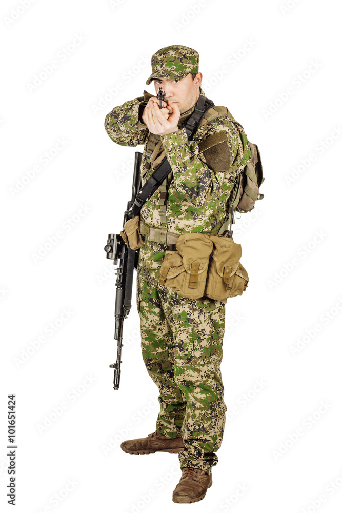 Fototapeta premium Portrait Private Military Contractor aiming handgyn. 