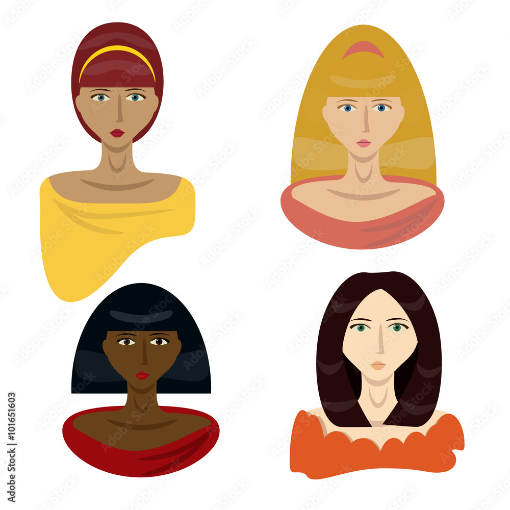 Flat set of four different girls with cool outfits isolated on white. Fashion and beauty theme, illustration for publishing, decoration of different production for girls and women. Flat set of four different girls with cool outfits isolated on white. Fashion and beauty theme, illustration for publishing, decoration of different production for girls and women.