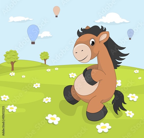 Spring landscape with cartoon pony on blooming meadow