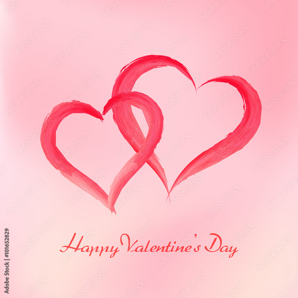 Happy Valentines Day. Watercolor brush painted romantic hearts on soft red blur background