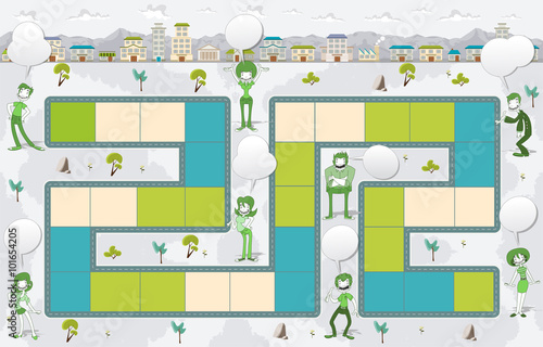 Board game with green people on the city. Green park.