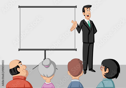 Young man and white billboard with empty space. Presentation screen.
