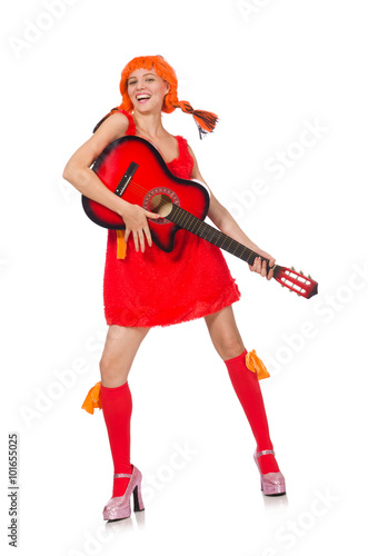 Woman with guitar isolated on white