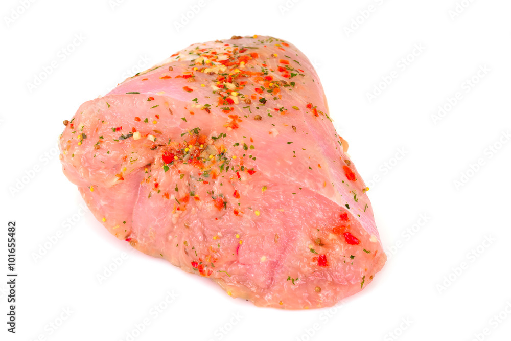 A Piece of Raw Turkey in Spices for Grilling Isolated on White B A Piece of Raw Turkey in Spices for Grilling Isolated on White B