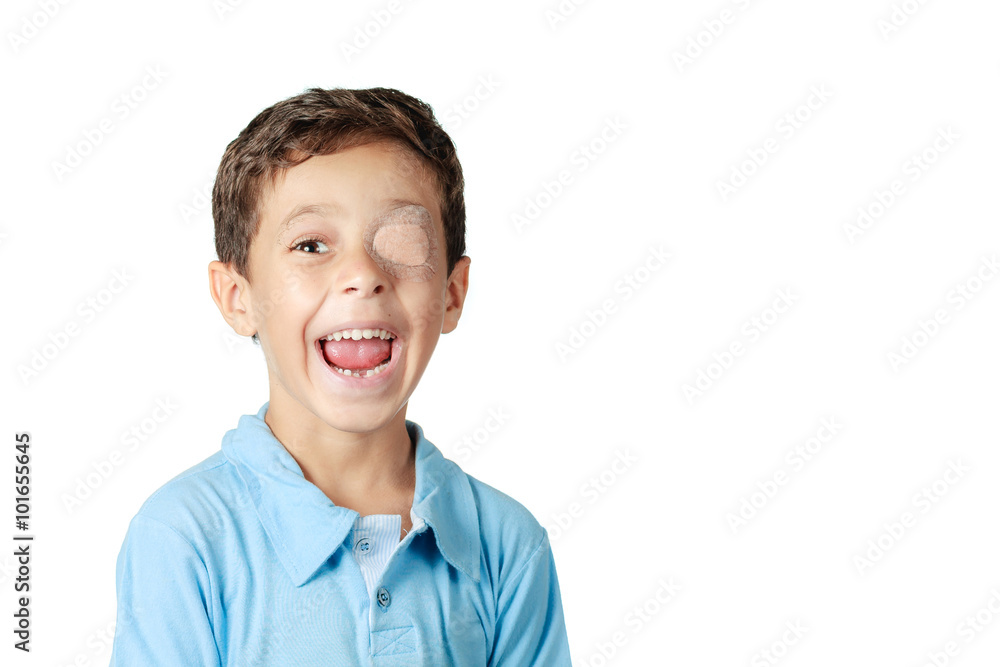 Child with eye patch isolated on white background Child with eye patch isolated on white background