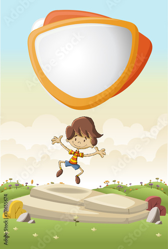 Cute cartoon boy on a green park