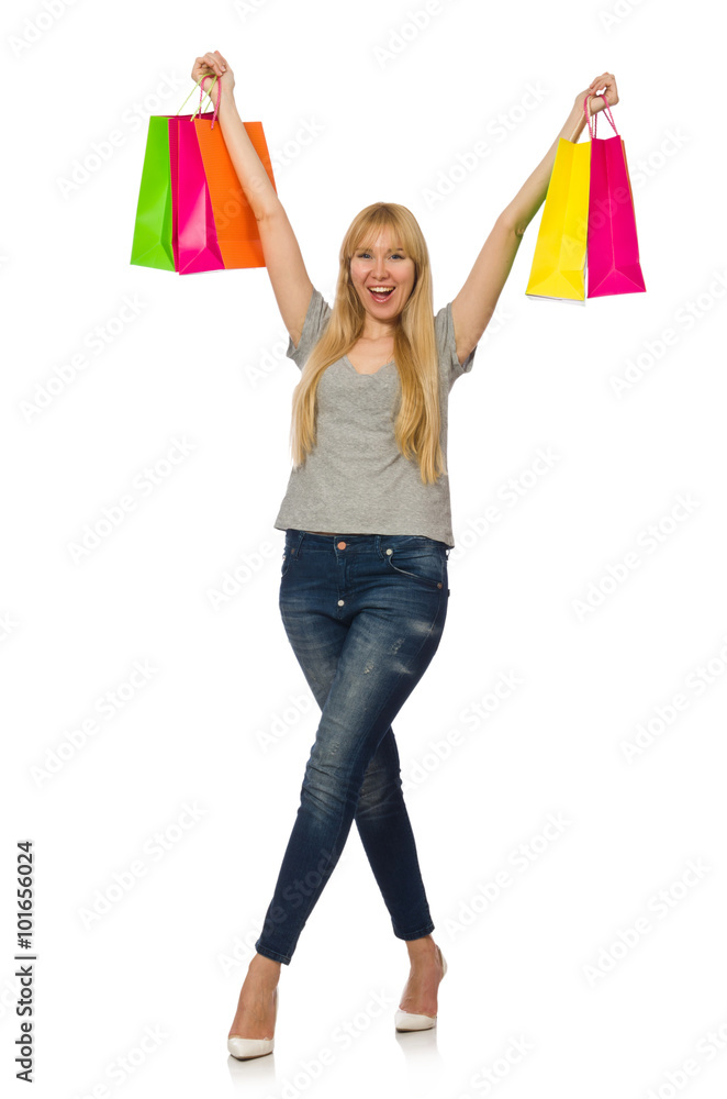 Woman with shopping bags isolated on white Woman with shopping bags isolated on white