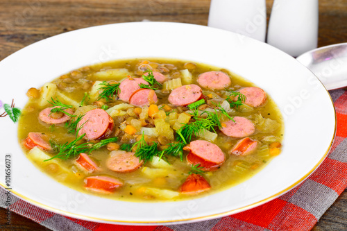 Healthy and Diet Food: Soup with Lentils and Sausage.