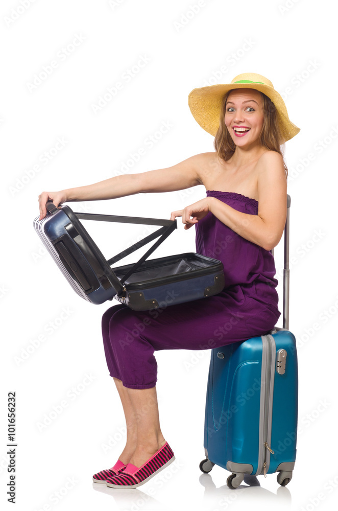 Woman with suitcase isolated on white Woman with suitcase isolated on white