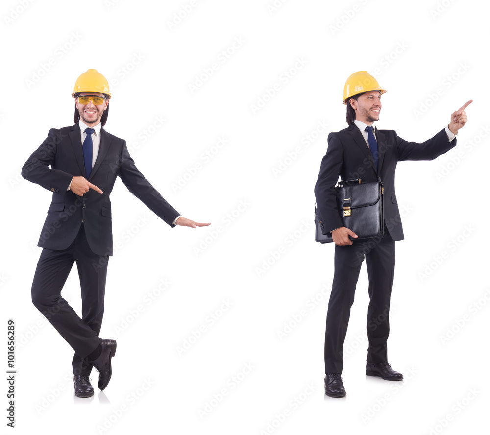 Young architect wearing hardhat on white Young architect wearing hardhat on white