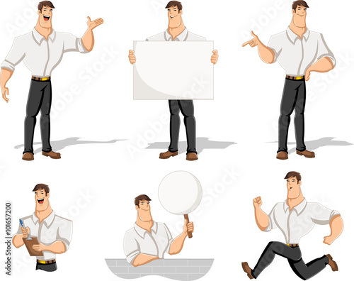 Cartoon man wearing white shirt in different actions
