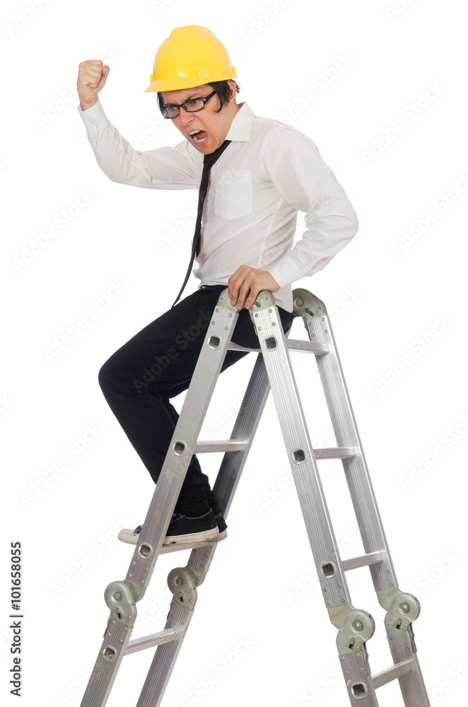 Construction worker in funny concept on white Construction worker in funny concept on white