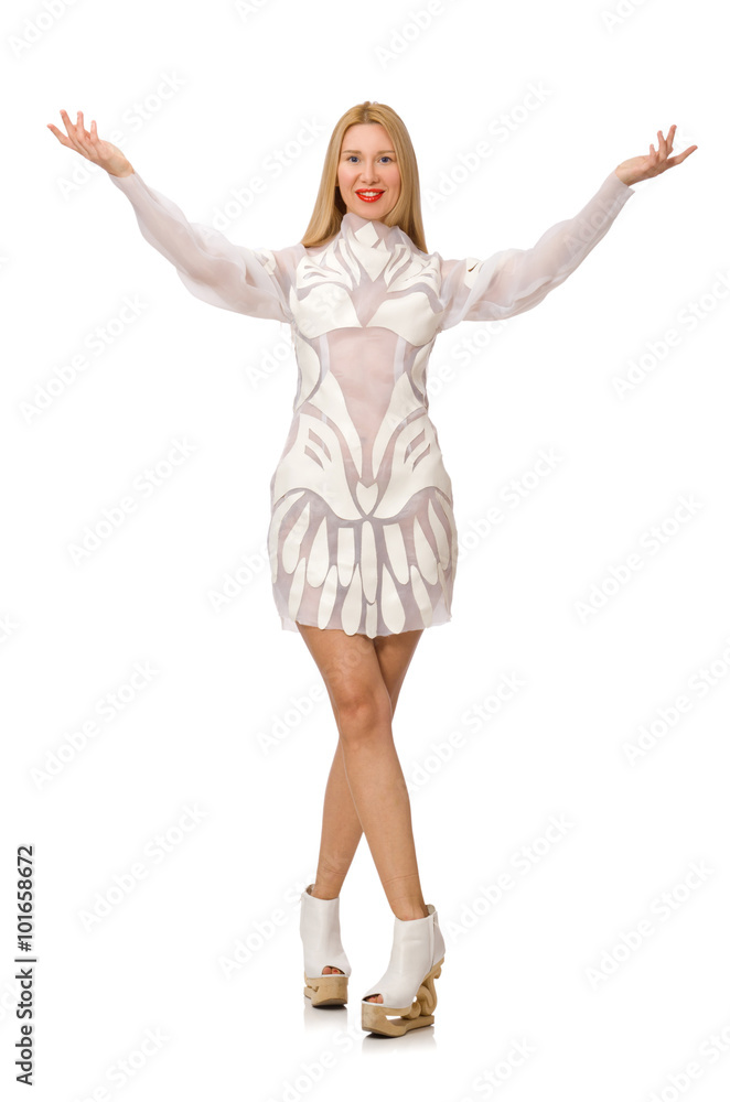 Woman wearing white dress isolated on white Woman wearing white dress isolated on white