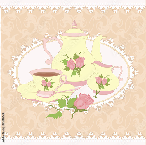 Frame with utensils for tea with vintage pattern and rustic lace.